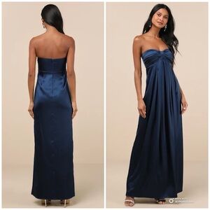 Lulus Large Memorable Entrance Dark Blue Strapless Satin Maxi Dress NWT Formal